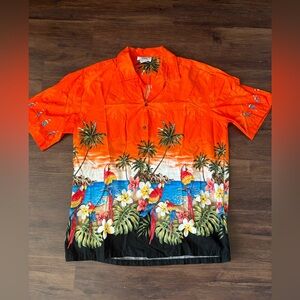 Vintage Pacific Legend Apparel Hawaiian Shirt Orange w/ Scarlet Macaw Birds